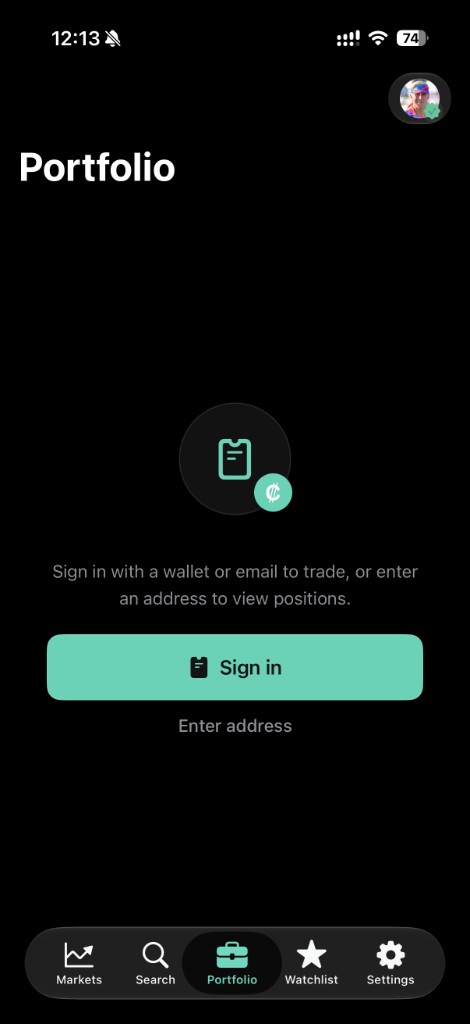 Peak Portfolio screen prompting to sign in with a wallet or email to trade, or enter an address to view positions read-only.