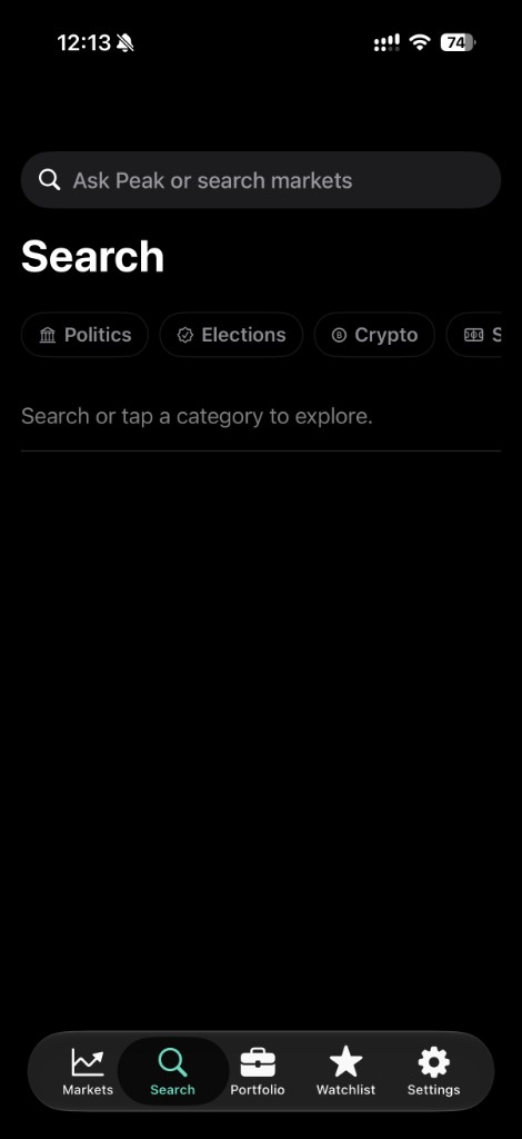 Peak Search screen with an Ask Peak or search markets field and category chips for Politics, Elections and Crypto.