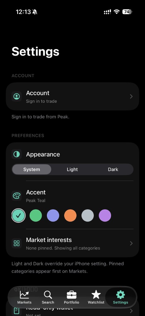 Peak Settings screen showing appearance options for System, Light and Dark, an accent colour row with Peak Teal selected, and market interests.